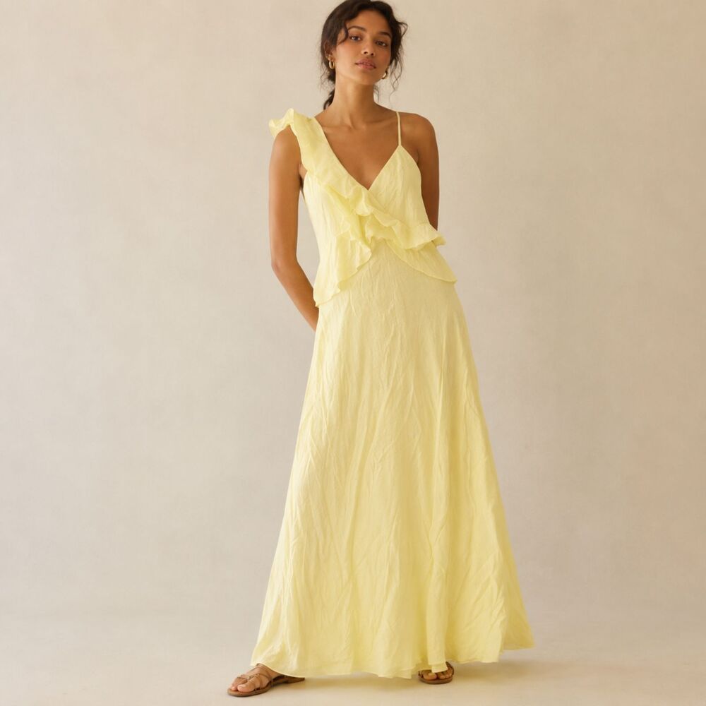 Express, Lemon Yellow Asymmetrical Ruffle Maxi Dress, XS Summer Wedding